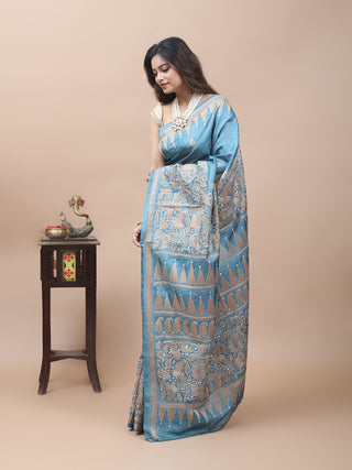 Steel Blue Pure Tussar Silk Saree with Intricate Hand Kantha Embroidery