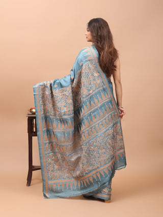 Steel Blue Pure Tussar Silk Saree with Intricate Hand Kantha Embroidery