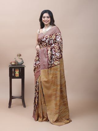 Deep Chocolate Brown & Mustard Paatli Pallu Pure Bishnupur Katan Silk Saree with Kantha Embroidery