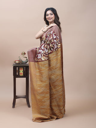 Deep Chocolate Brown & Mustard Paatli Pallu Pure Bishnupur Katan Silk Saree with Kantha Embroidery