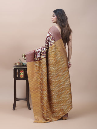 Deep Chocolate Brown & Mustard Paatli Pallu Pure Bishnupur Katan Silk Saree with Kantha Embroidery