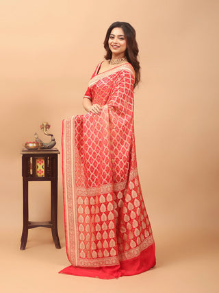 Arunima – Coral Red Ombre Banaras Georgette Silk Saree with Hand Bandhej