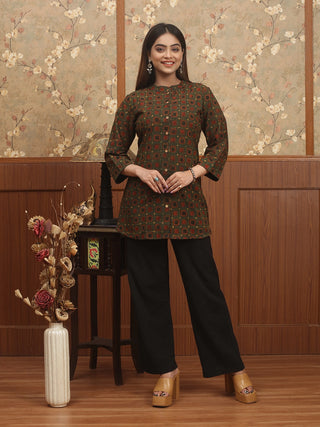 ARANYA RAGA – Olive Ajrakh Cambric Cotton Top