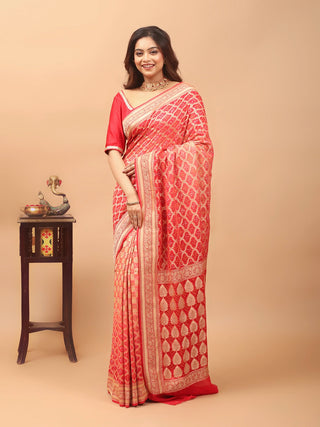 Arunima – Coral Red Ombre Banaras Georgette Silk Saree with Hand Bandhej