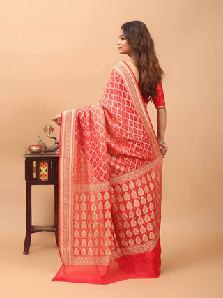 Arunima – Coral Red Ombre Banaras Georgette Silk Saree with Hand Bandhej