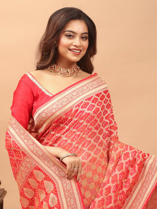 Arunima – Coral Red Ombre Banaras Georgette Silk Saree with Hand Bandhej