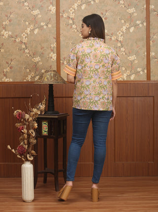 SANGANERI RAAS – Peach Jaipur Cotton Top with Hand Kantha Yoke Accents