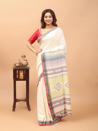 Ivory Bhujodi Kala Cotton Saree with Soof Embroidery