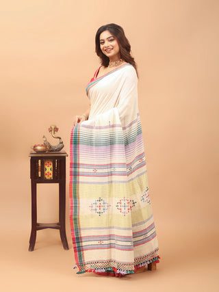 Ivory Bhujodi Kala Cotton Saree with Soof Embroidery