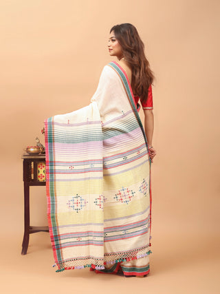 Ivory Bhujodi Kala Cotton Saree with Soof Embroidery
