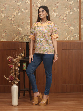 SANGANERI RAAS – Peach Jaipur Cotton Top with Hand Kantha Yoke Accents