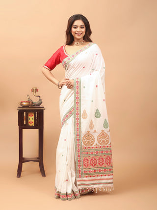 Ivory White Handwoven Assam Cotton Saree with Traditional Assamese Heritage Motifs & Matching Woven Blouse Piece