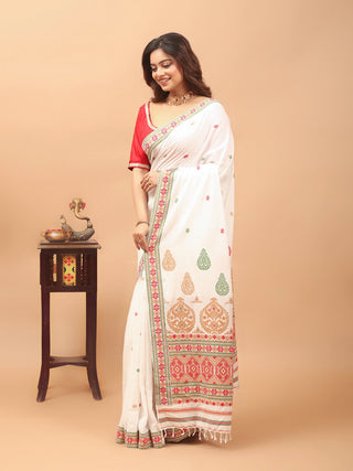 Ivory White Handwoven Assam Cotton Saree with Traditional Assamese Heritage Motifs & Matching Woven Blouse Piece