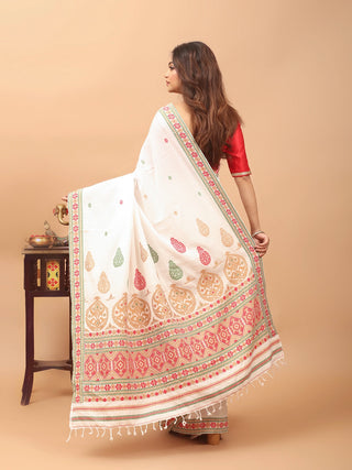 Ivory White Handwoven Assam Cotton Saree with Traditional Assamese Heritage Motifs & Matching Woven Blouse Piece