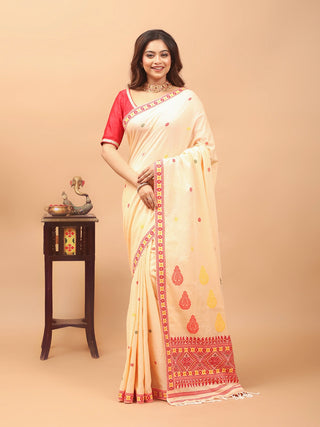Cream Assam Cotton Saree with Traditional Assamese Temple-Inspired Weaving & Matching Woven Blouse Piece