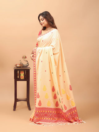 Cream Assam Cotton Saree with Traditional Assamese Temple-Inspired Weaving & Matching Woven Blouse Piece