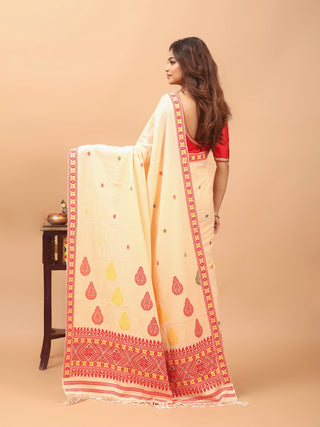 Cream Assam Cotton Saree with Traditional Assamese Temple-Inspired Weaving & Matching Woven Blouse Piece