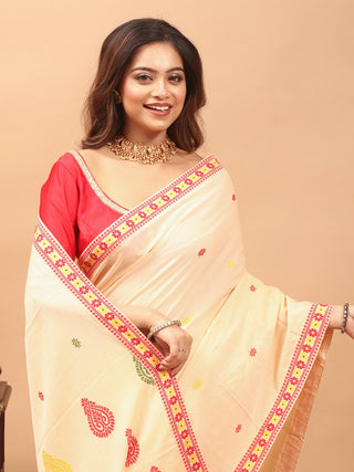 Cream Assam Cotton Saree with Traditional Assamese Temple-Inspired Weaving & Matching Woven Blouse Piece