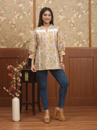 SANGANERI VRINDA – Peach Jaipur Cotton Top with Sanganer Print & Lace Detailing