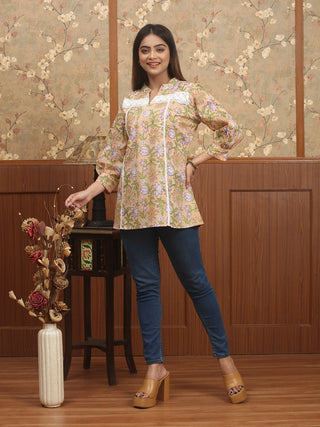 SANGANERI VRINDA – Peach Jaipur Cotton Top with Sanganer Print & Lace Detailing