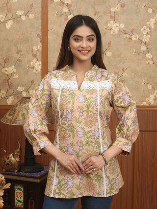 SANGANERI VRINDA – Peach Jaipur Cotton Top with Sanganer Print & Lace Detailing