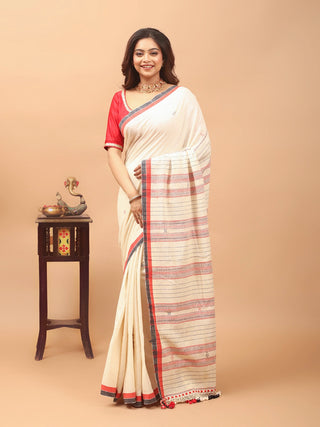 Ivory Bhujodi Kala Cotton Saree with Rustic Red Weaves