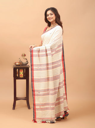 Ivory Bhujodi Kala Cotton Saree with Rustic Red Weaves