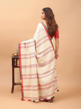 Ivory Bhujodi Kala Cotton Saree with Rustic Red Weaves