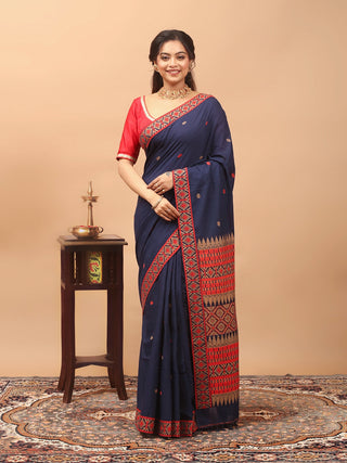 Royal Navy Blue Assam Cotton Saree with Rich Assamese Handloom Weaving & Matching Woven Blouse Piece