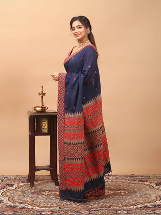 Royal Navy Blue Assam Cotton Saree with Rich Assamese Handloom Weaving & Matching Woven Blouse Piece
