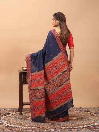 Royal Navy Blue Assam Cotton Saree with Rich Assamese Handloom Weaving & Matching Woven Blouse Piece