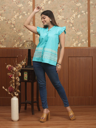 TARANGINI – Turquoise Pure Cotton Top with Hand Kantha Border Work