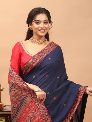 Royal Navy Blue Assam Cotton Saree with Rich Assamese Handloom Weaving & Matching Woven Blouse Piece
