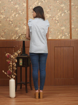 GULDASTA REKHA – Grey Pure Cotton Top with Hand Kantha Floral Panels