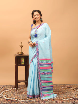 Sky Blue Assam Cotton Saree with Vibrant Handwoven Assamese Motifs and Matching Woven Blouse Piece