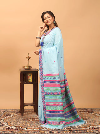 Sky Blue Assam Cotton Saree with Vibrant Handwoven Assamese Motifs and Matching Woven Blouse Piece