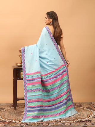 Sky Blue Assam Cotton Saree with Vibrant Handwoven Assamese Motifs and Matching Woven Blouse Piece