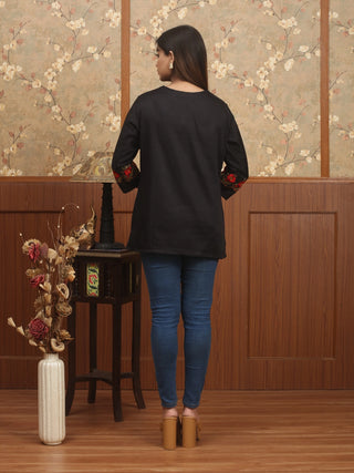 KUSUM – Black Glazed Cotton Top with Machine Floral Embroidery