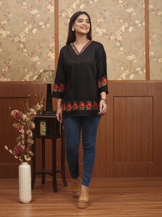 KUSUM – Black Glazed Cotton Top with Machine Floral Embroidery
