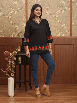 KUSUM – Black Glazed Cotton Top with Machine Floral Embroidery