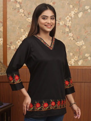 KUSUM – Black Glazed Cotton Top with Machine Floral Embroidery