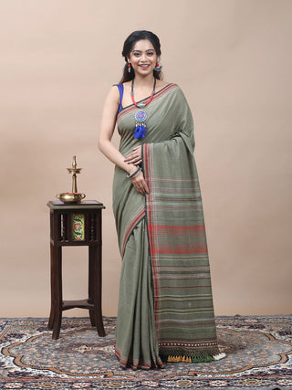 Sage Green Bhujodi Kala Cotton Saree with Heritage Weaves