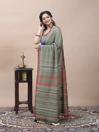 Sage Green Bhujodi Kala Cotton Saree with Heritage Weaves