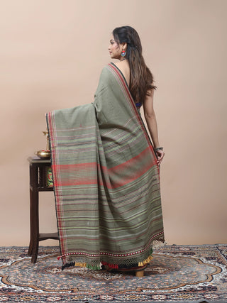 Sage Green Bhujodi Kala Cotton Saree with Heritage Weaves