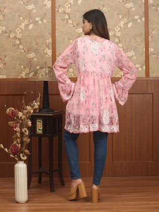 GULBAHAR REVERIE – Rose Georgette Top with All-Over Lucknowi Embroidery