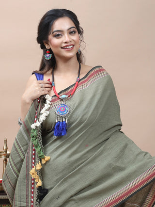 Sage Green Bhujodi Kala Cotton Saree with Heritage Weaves