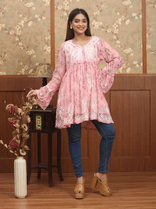GULBAHAR REVERIE – Rose Georgette Top with All-Over Lucknowi Embroidery