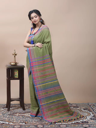 Olive Green Bhujodi Kala Cotton Saree with Vibrant Woven Pallu