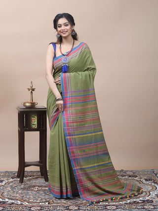 Olive Green Bhujodi Kala Cotton Saree with Vibrant Woven Pallu