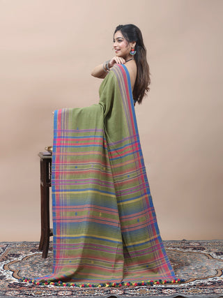 Olive Green Bhujodi Kala Cotton Saree with Vibrant Woven Pallu